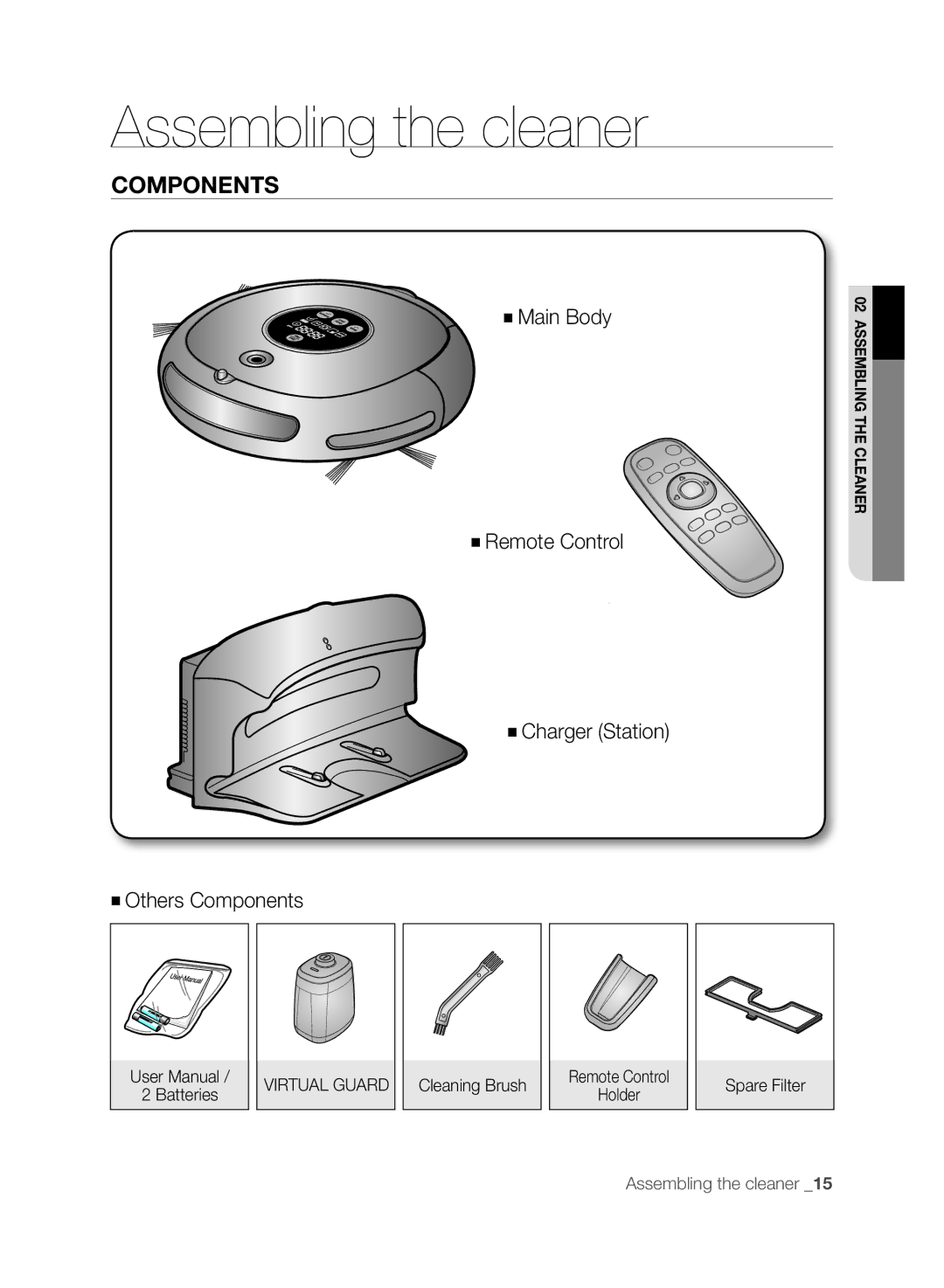 Samsung VCR8845T3A/XEF, VCR8845T3A/BOL manual Assembling the cleaner, Components, Cleaning Brush Remote Control Holder 