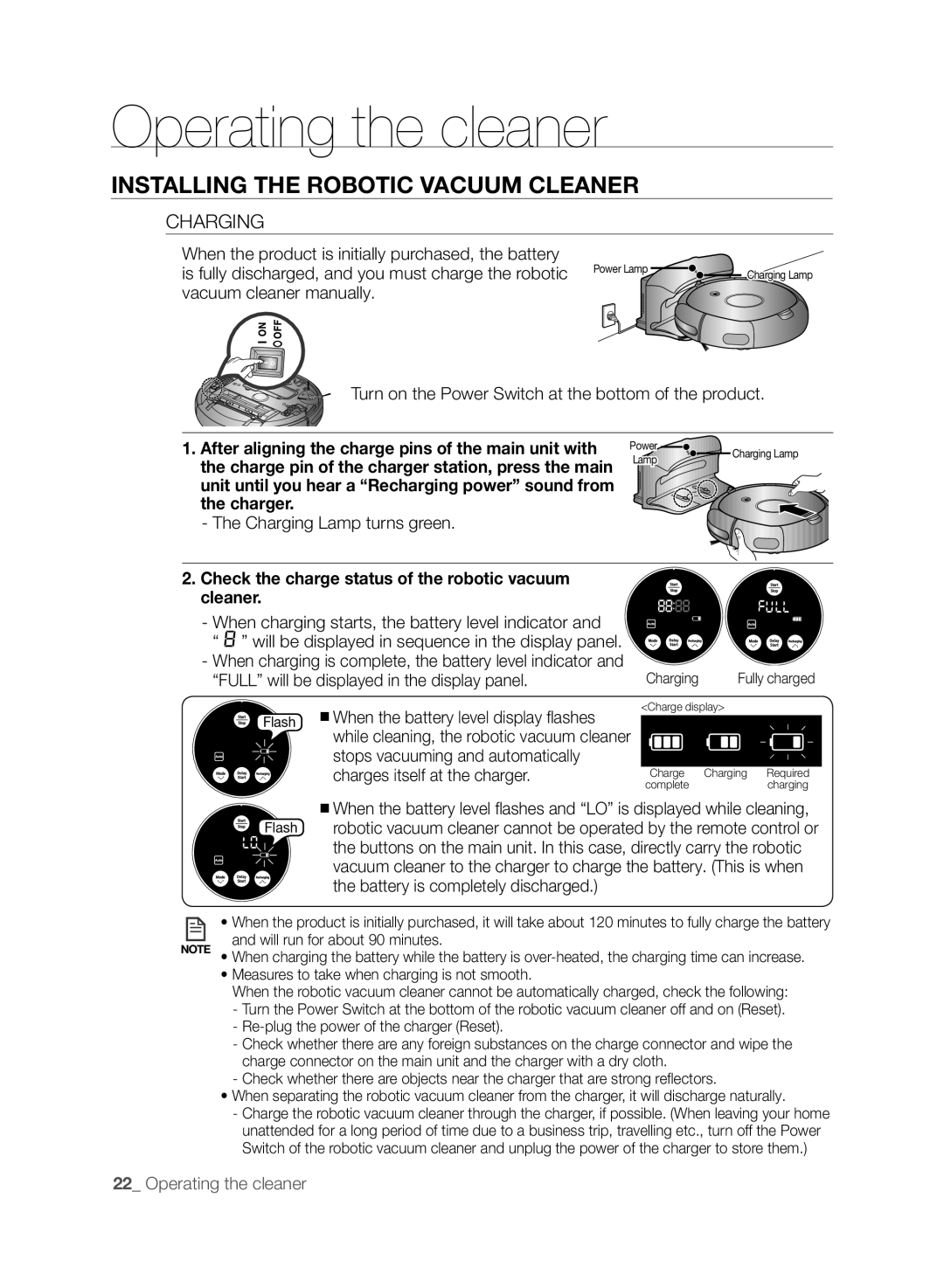 Samsung VCR8845T3A/XTR manual Charging Lamp turns green, Check the charge status of the robotic vacuum cleaner 