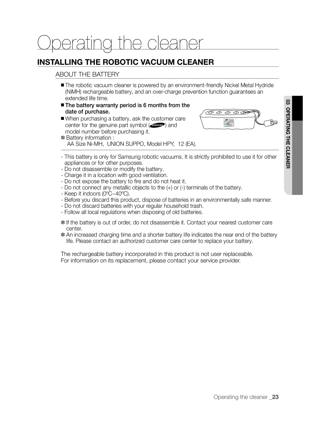 Samsung VCR8845T3A/XEF, VCR8845T3A/BOL, VCR8845T3A/XET, VCR8845T3A/XTR manual About the Battery 