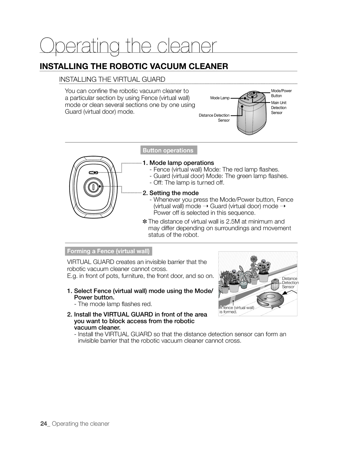 Samsung VCR8845T3A/BOL, VCR8845T3A/XET manual Installing the Virtual Guard, Select Fence virtual wall mode using the Mode 