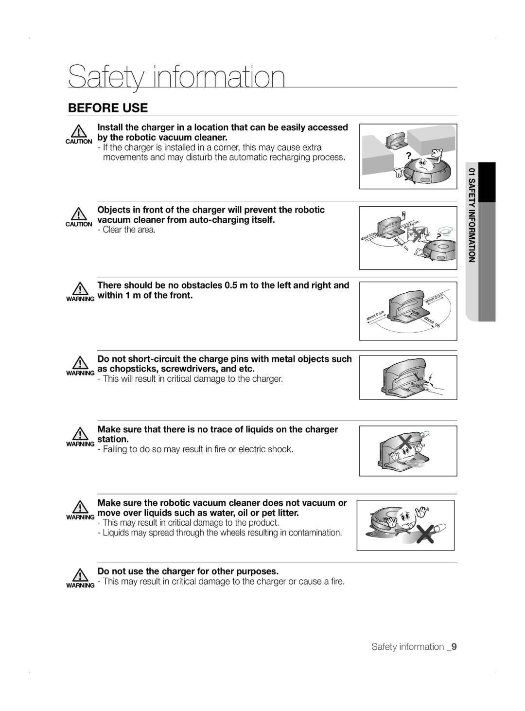 Samsung VCR8845T3A/XEO, VCR8845T3A/BOL manual Objects in front of the charger will prevent the robotic, Clear the area 