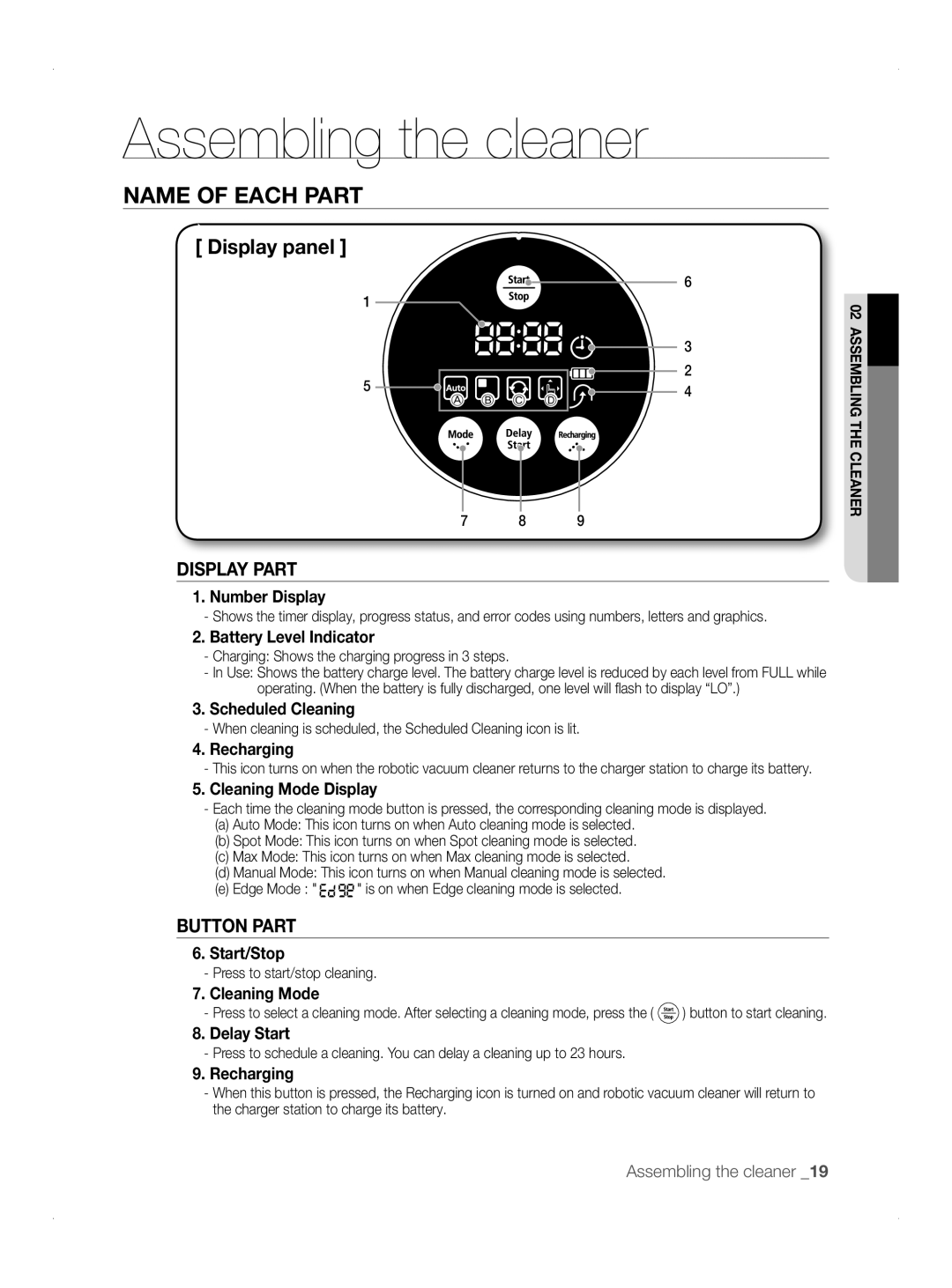 Samsung VCR8845T3A/XEF Number Display, Battery Level Indicator, Scheduled Cleaning, Recharging, Cleaning Mode Display 