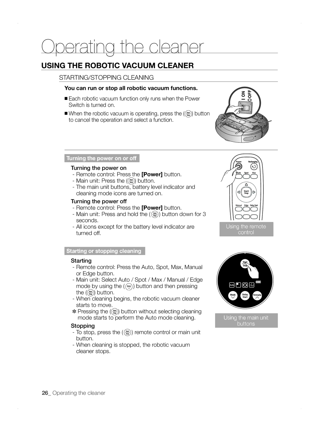 Samsung VCR8845T3R/XEC, VCR8845T3A/BOL, VCR8845T3A/XET manual Using the robotic vacuum cleaner, Starting/Stopping Cleaning 