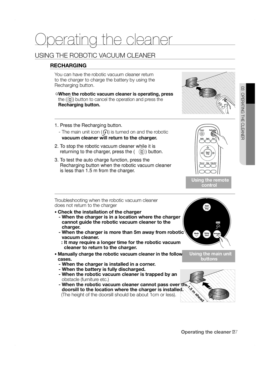 Samsung VCR8845T3A/XEO, VCR8845T3A/BOL, VCR8845T3A/XET manual Recharging, Height of the doorsill should be about 1cm or less 