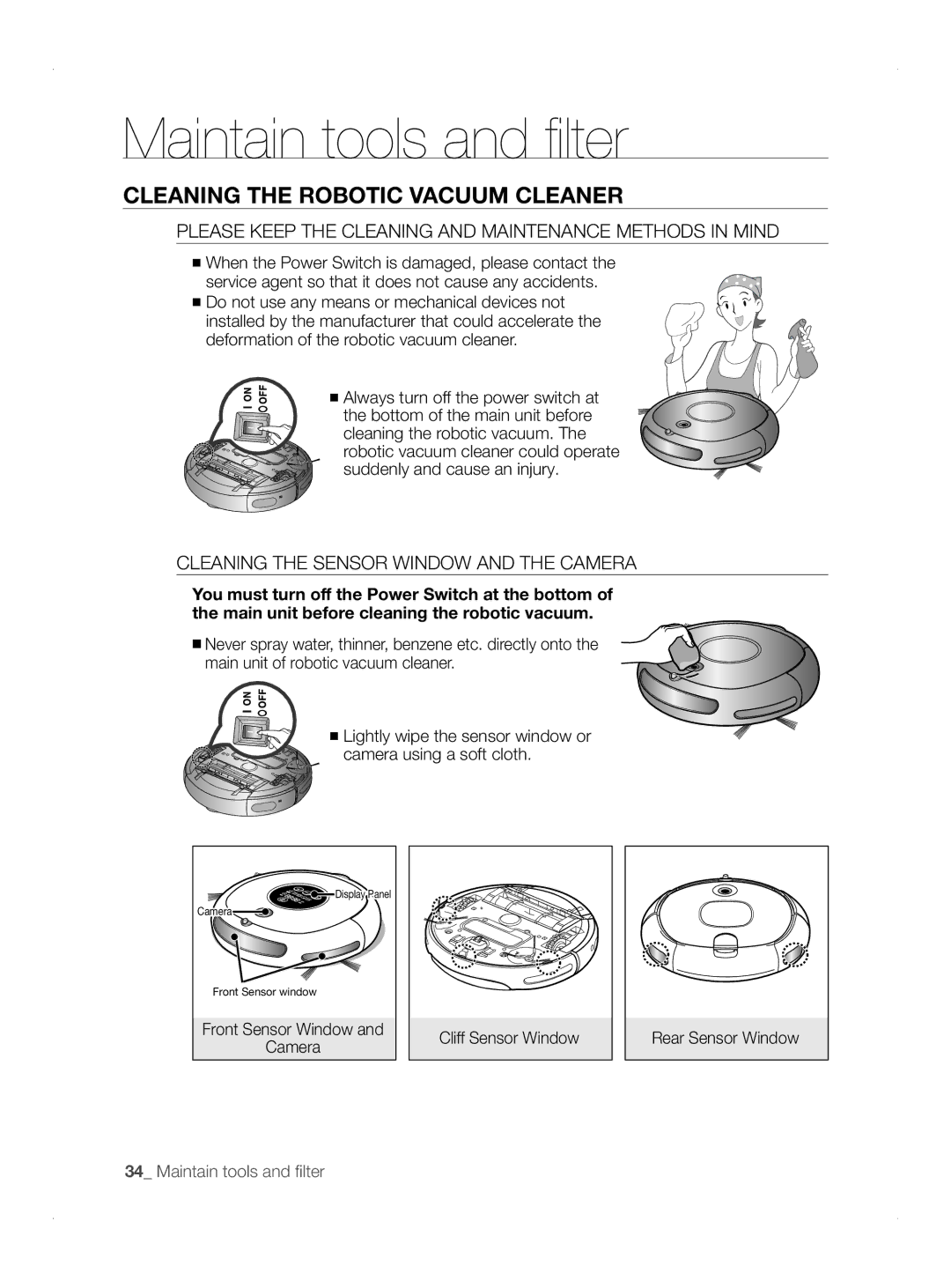 Samsung VCR8845T3A/BOL, VCR8845T3A/XET Maintain tools and filter, Cleaning the robotic vacuum cleaner, Rear Sensor Window 