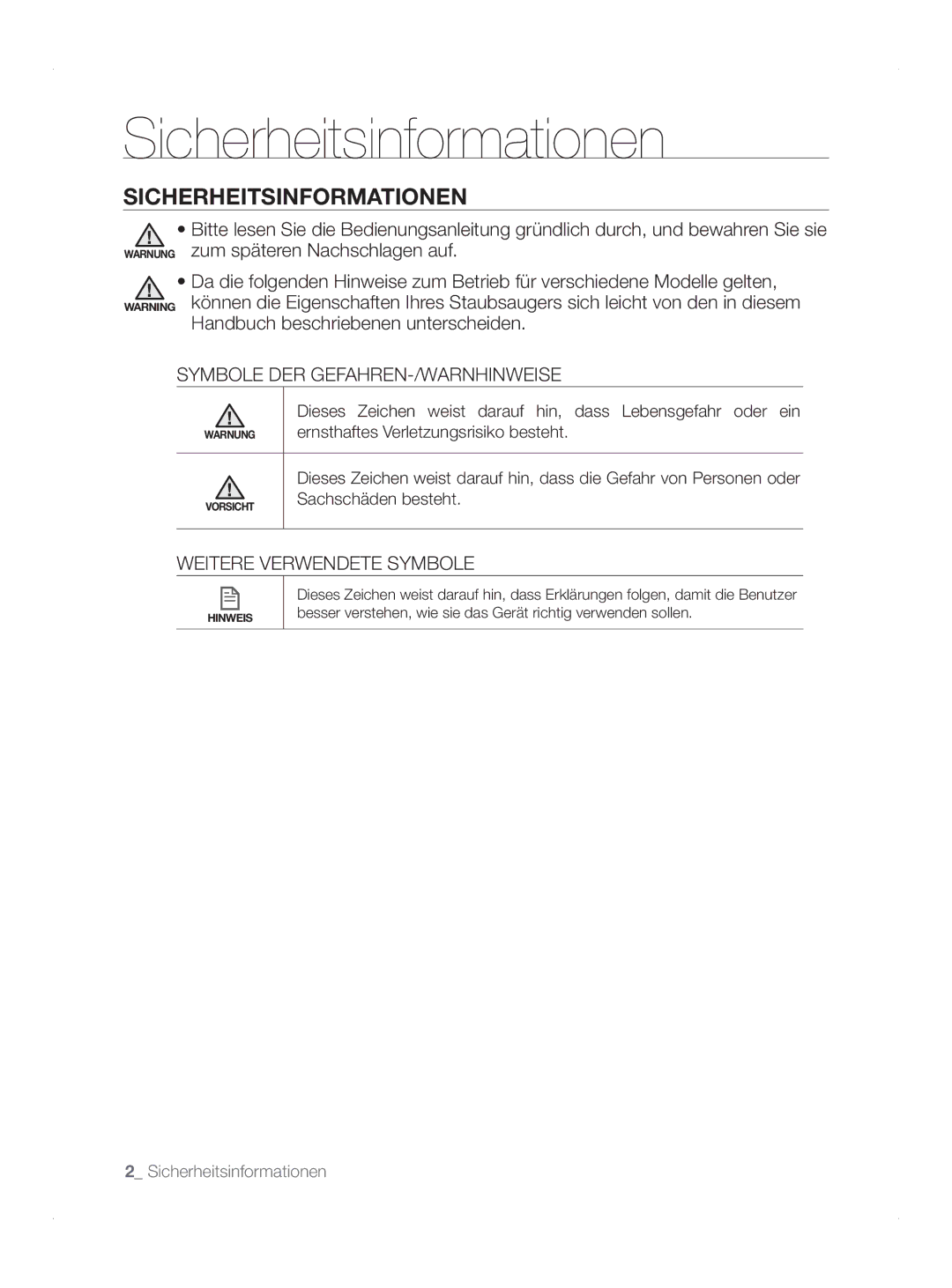 Samsung VCR8845T3A/BOL manual Sicherheitsinformationen, Symbole DER GEFAHREN-/WARNHINWEISE, Weitere Verwendete Symbole 