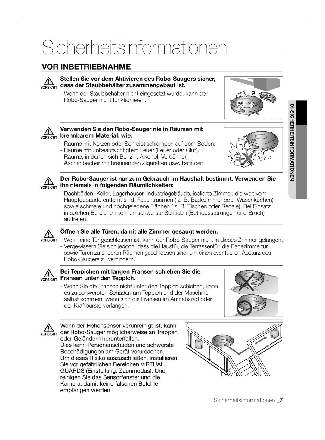 Samsung VCR8845T3A/XEO, VCR8845T3A/BOL manual VOR Inbetriebnahme, Öffnen Sie alle Türen, damit alle Zimmer gesaugt werden 