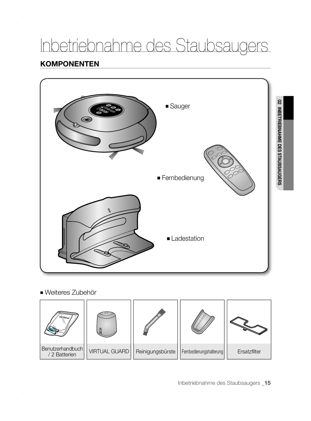 Samsung VCR8845T3A/XET, VCR8845T3A/BOL, VCR8845T3A/XTR, VCR8845T3A/XEF manual Inbetriebnahme des Staubsaugers, Komponenten 