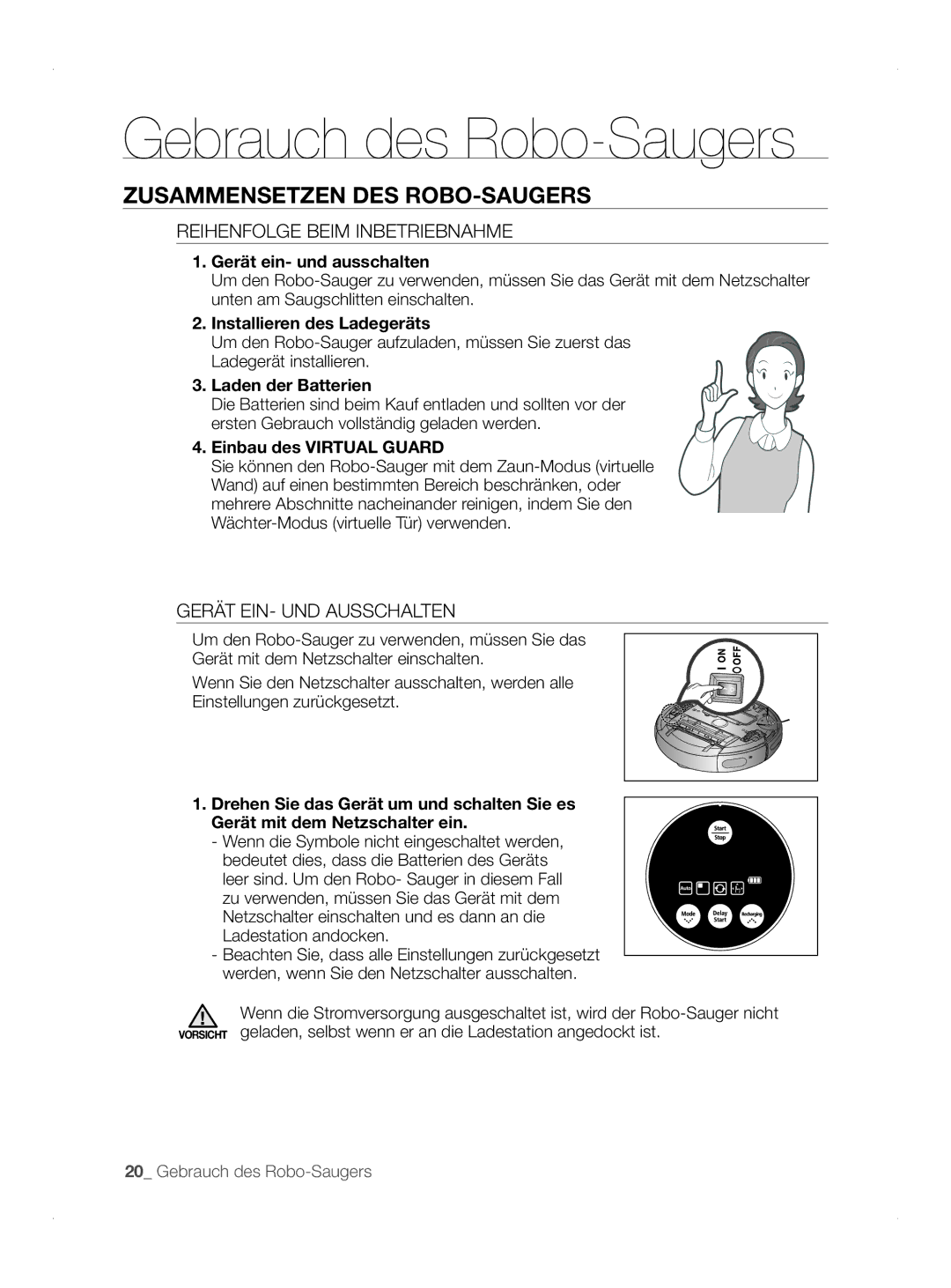 Samsung VCR8845T3A/BOL manual Gebrauch des Robo-Saugers, Zusammensetzen DES ROBO-SAUGERS, Reihenfolge Beim Inbetriebnahme 