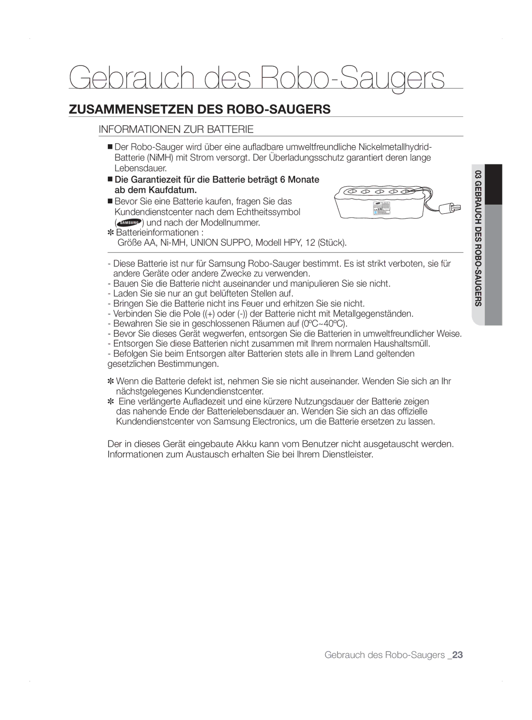 Samsung VCR8845T3A/XEF, VCR8845T3A/BOL, VCR8845T3A/XET, VCR8845T3A/XTR, VCR8845T3R/XEC manual Informationen ZUR Batterie 