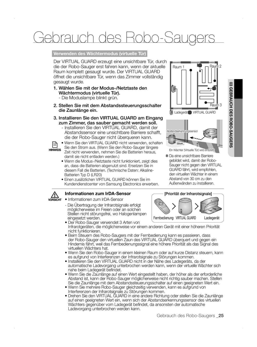 Samsung VCR8845T3A/XEO, VCR8845T3A/BOL manual Verwenden des Wächtermodus virtuelle Tür, Informationen zum IrDA-Sensor 