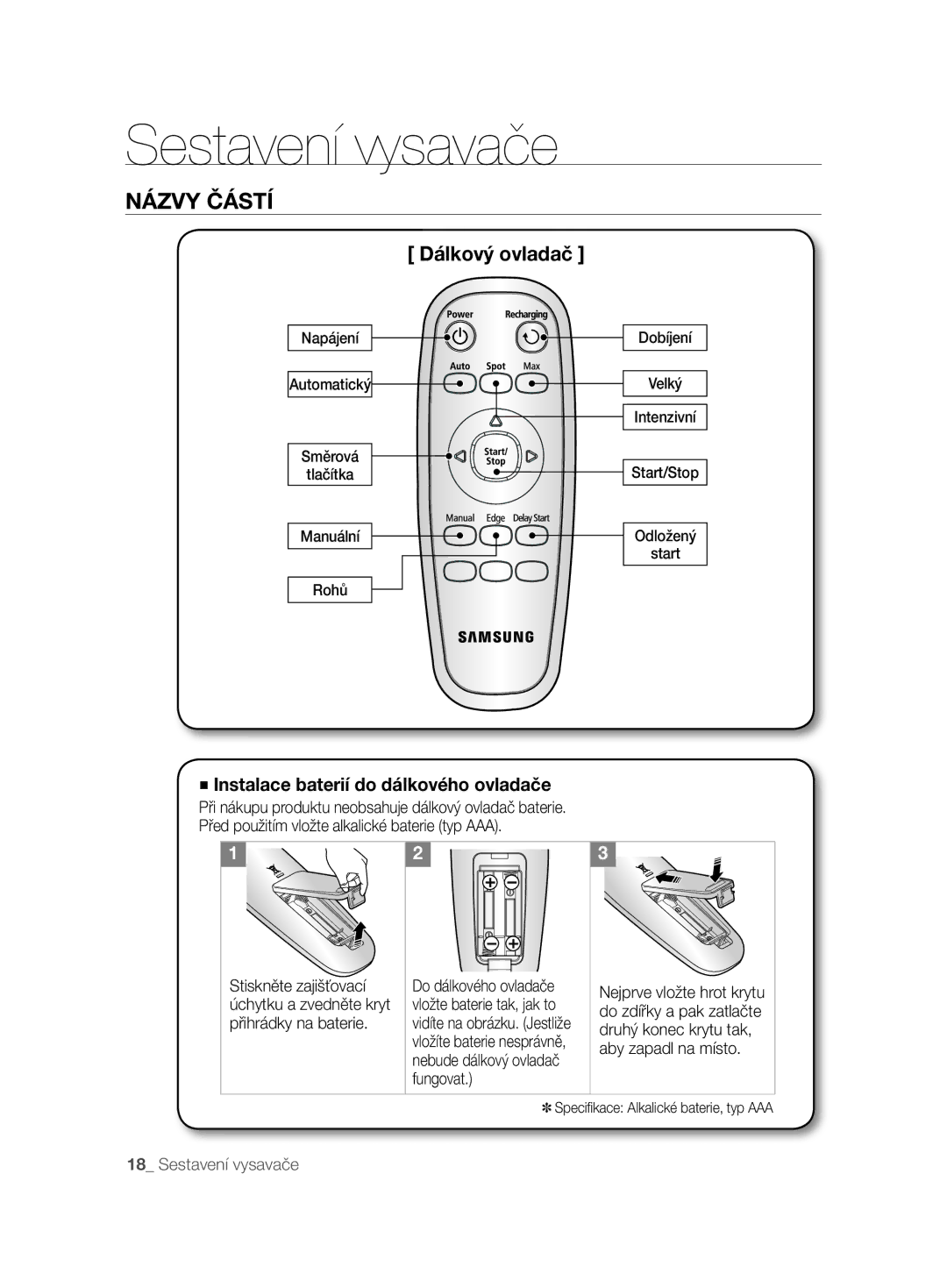 Samsung VCR8848T3K/XEG, VCR8845T3A/BOL, VCR8845T3A/XET manual Dálkový ovladač, Instalace baterií do dálkového ovladače 