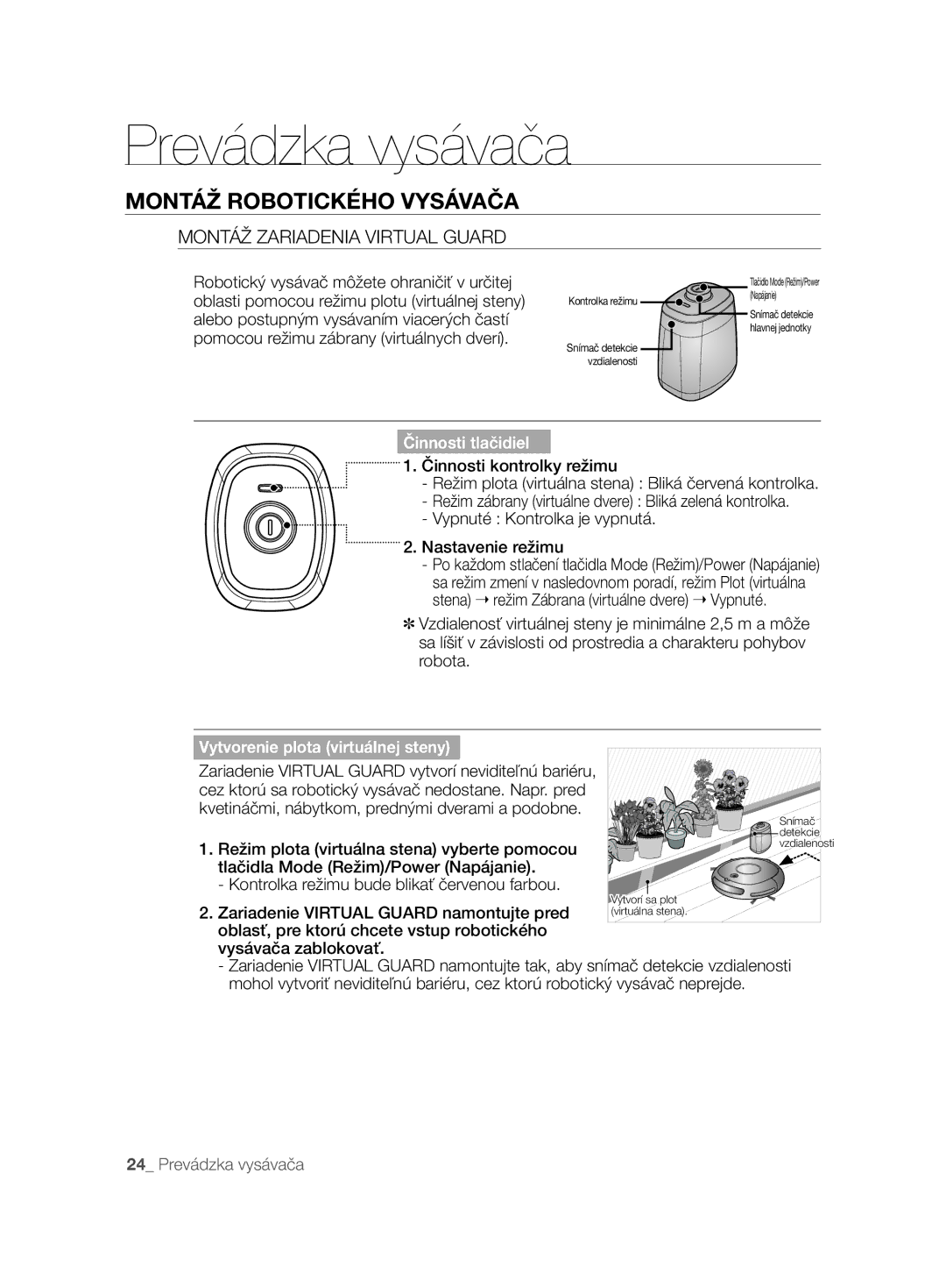 Samsung VCR8845T3A/BOL manual Montáž Zariadenia Virtual Guard, Činnosti tlačidiel, Vytvorenie plota virtuálnej steny 