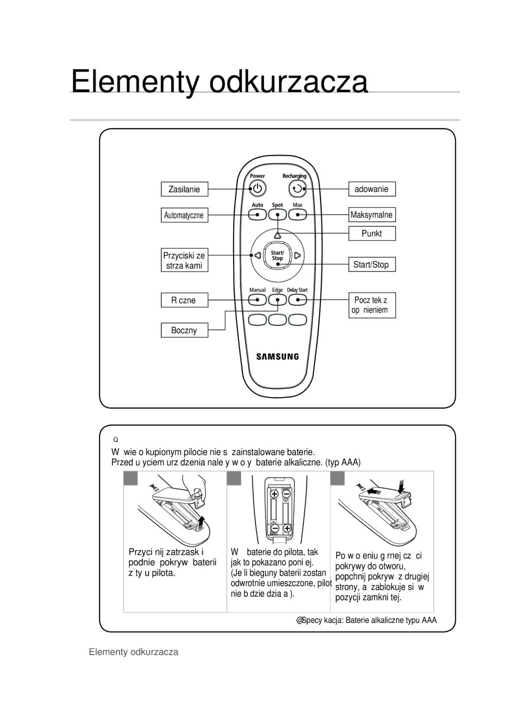 Samsung VCR8845T3A/BOL, VCR8845T3A/XET, VCR8848T3K/XEG, VCR8845T3A/XTR, VCR8845T3A/XEF Pilot, Instalacja baterii w pilocie 