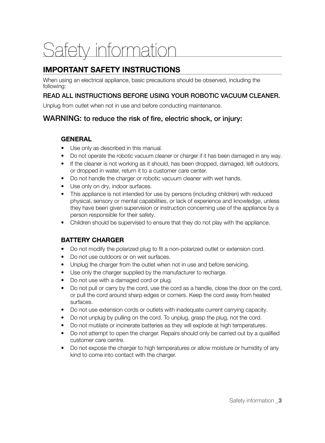 Samsung VCR8845T3A/XEO, VCR8845T3A/BOL, VCR8845T3A/XET manual Important Safety Instructions, General, Battery Charger 