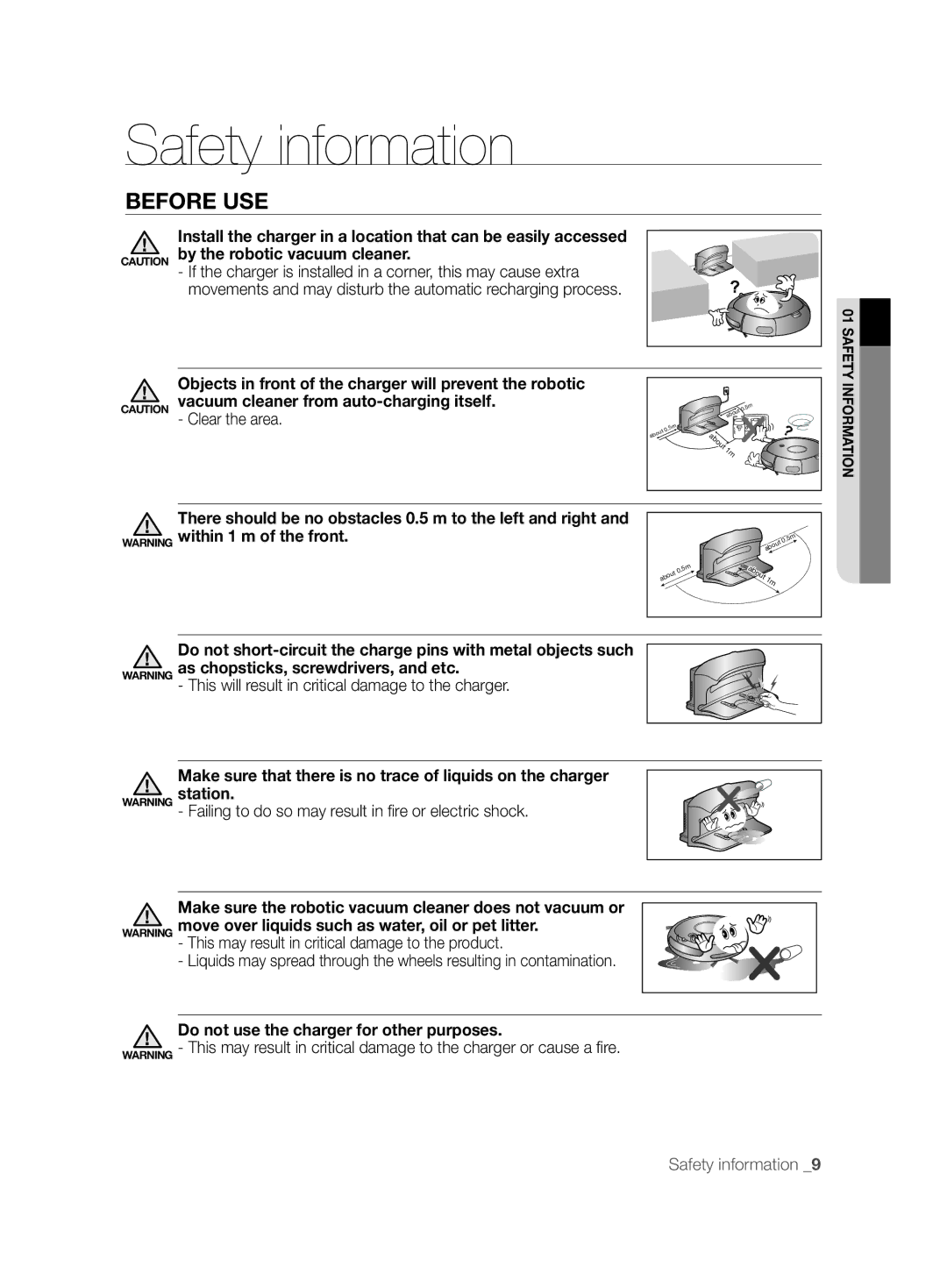 Samsung VCR8845T3A/XEF, VCR8845T3A/BOL manual Objects in front of the charger will prevent the robotic, Clear the area 