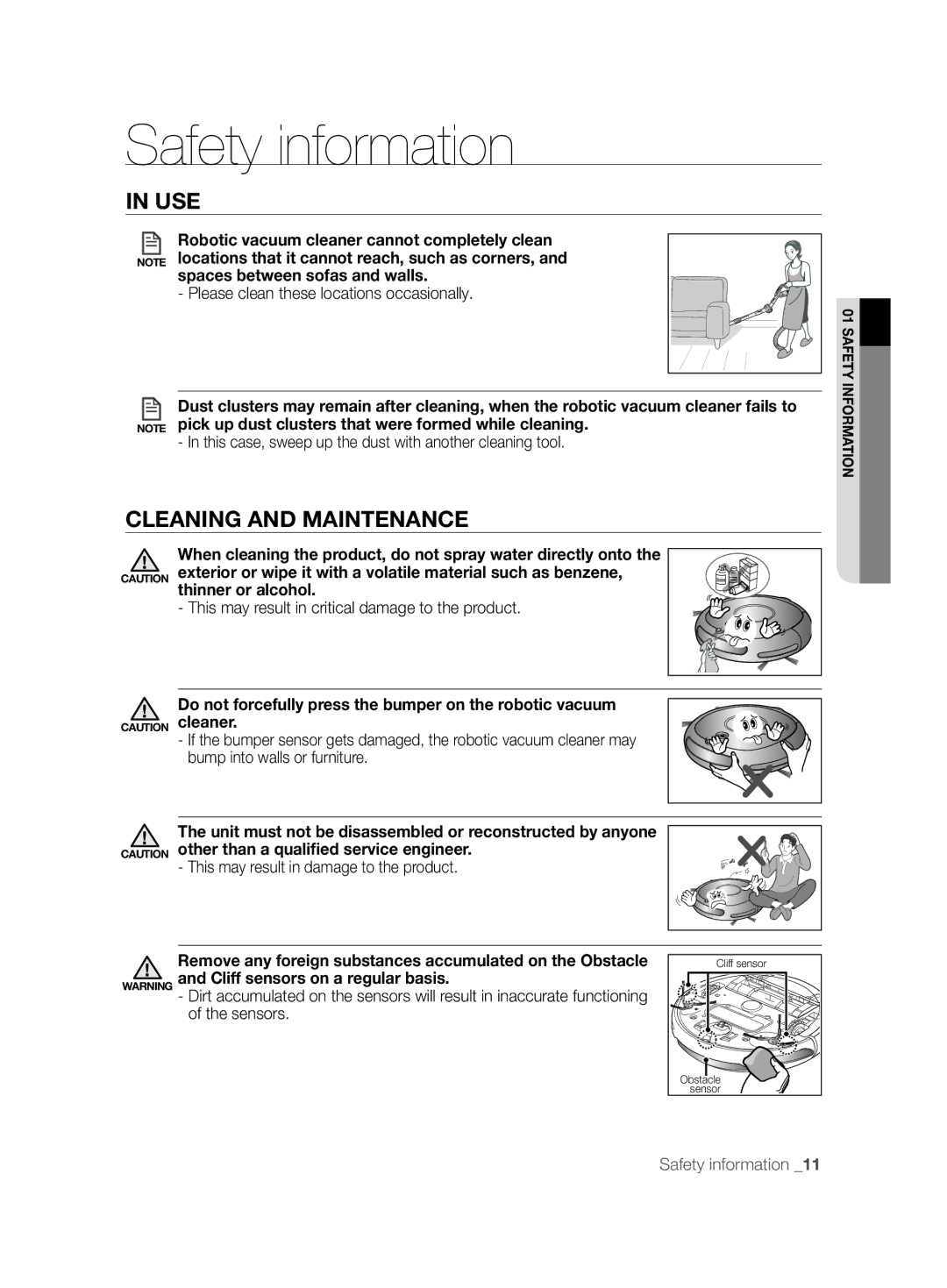 Samsung VCR8848T3K/SWS, VCR8845T3A/BOL manual Cleaning and Maintenance, Robotic vacuum cleaner cannot completely clean 