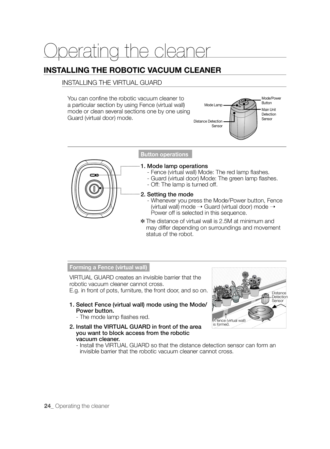 Samsung VCR8845T3A/XET, VCR8845T3A/BOL manual Installing the Virtual Guard, Button operations, Forming a Fence virtual wall 