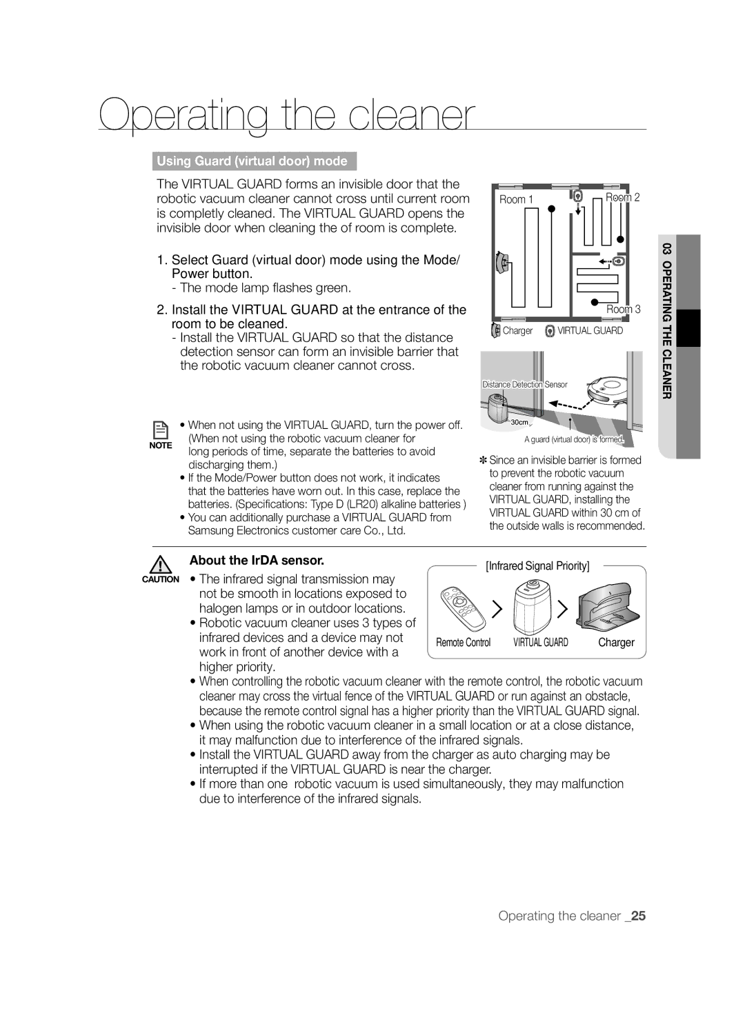 Samsung VCR8848T3K/XEG, VCR8845T3A/BOL, VCR8845T3A/XET, VCR8845T3A/XTR Using Guard virtual door mode, About the IrDA sensor 