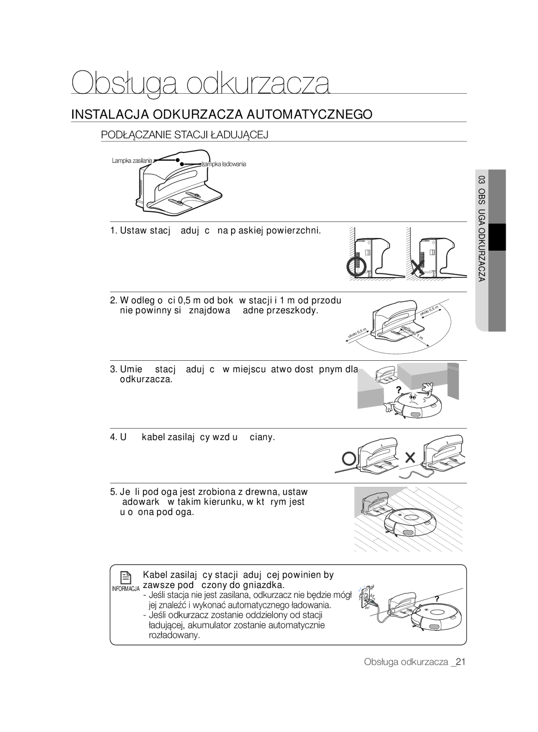 Samsung VCR8845T3A/XTR, VCR8845T3A/BOL, VCR8845T3A/XET Instalacja Odkurzacza Automatycznego, Podłączanie Stacji Ładującej 