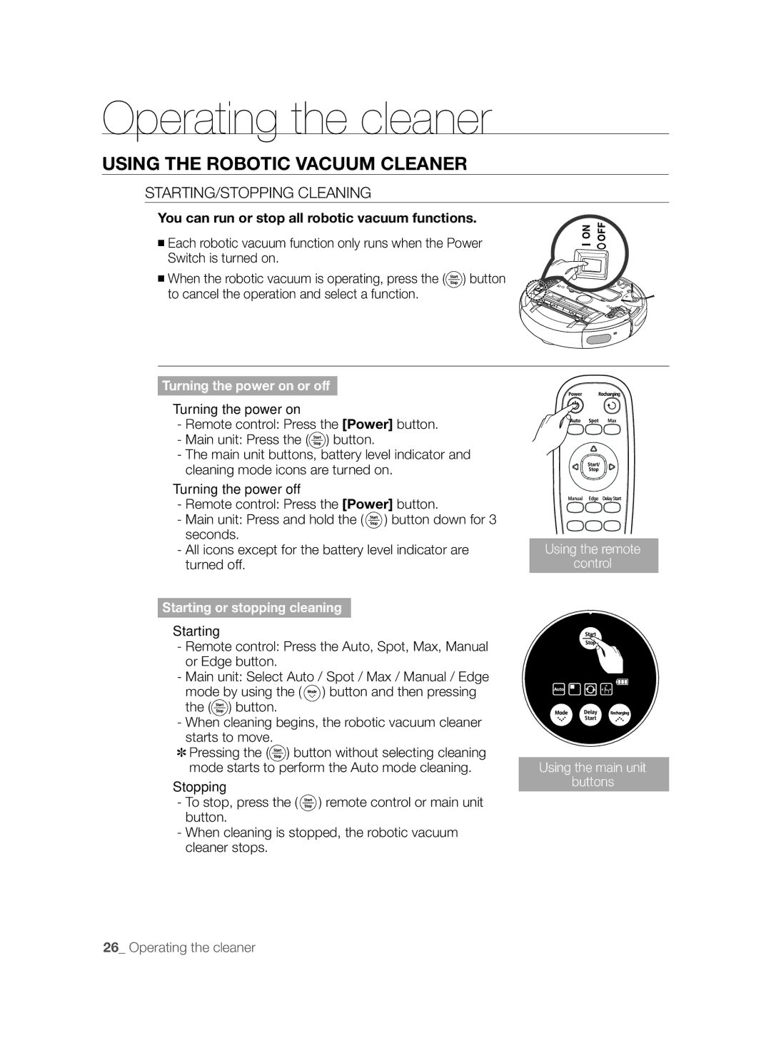 Samsung VCR8845T3A/XTR manual Using the Robotic Vacuum Cleaner, STARTING/STOPPING Cleaning, Turning the power on or off 