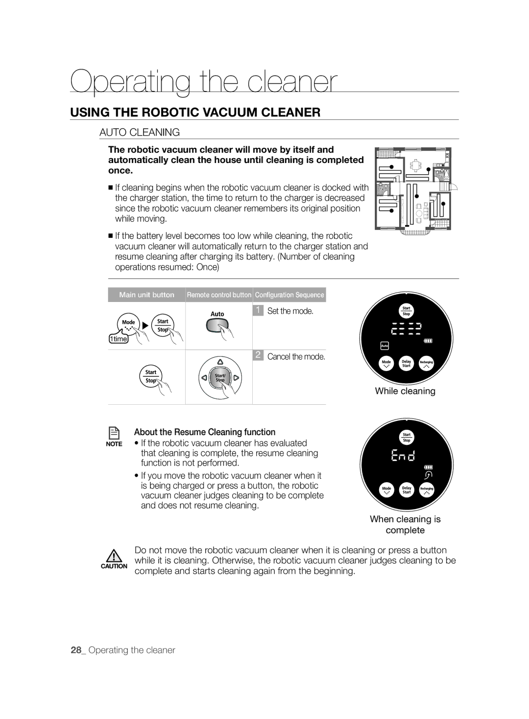 Samsung VCR8848T3K/XEO, VCR8845T3A/BOL, VCR8845T3A/XET Auto Cleaning, While cleaning About the Resume Cleaning function 