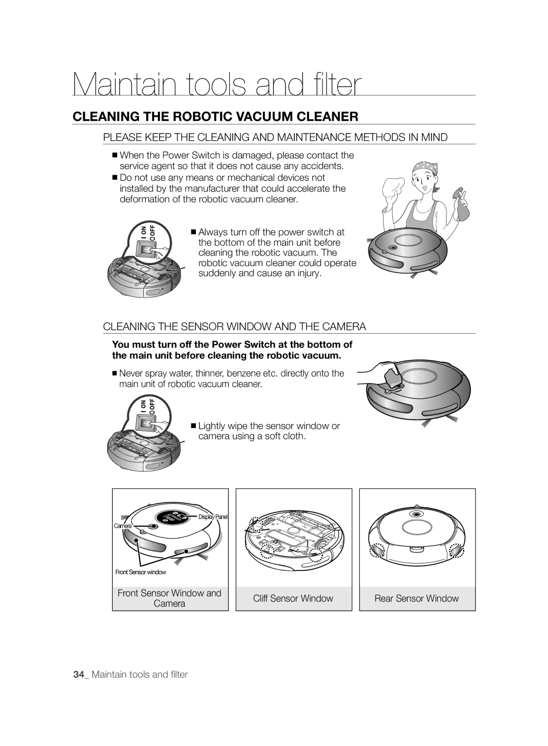 Samsung VCR8848T3K/XEG, VCR8845T3A/BOL, VCR8845T3A/XET manual Maintain tools and ﬁ lter, Cleaning the Robotic Vacuum Cleaner 