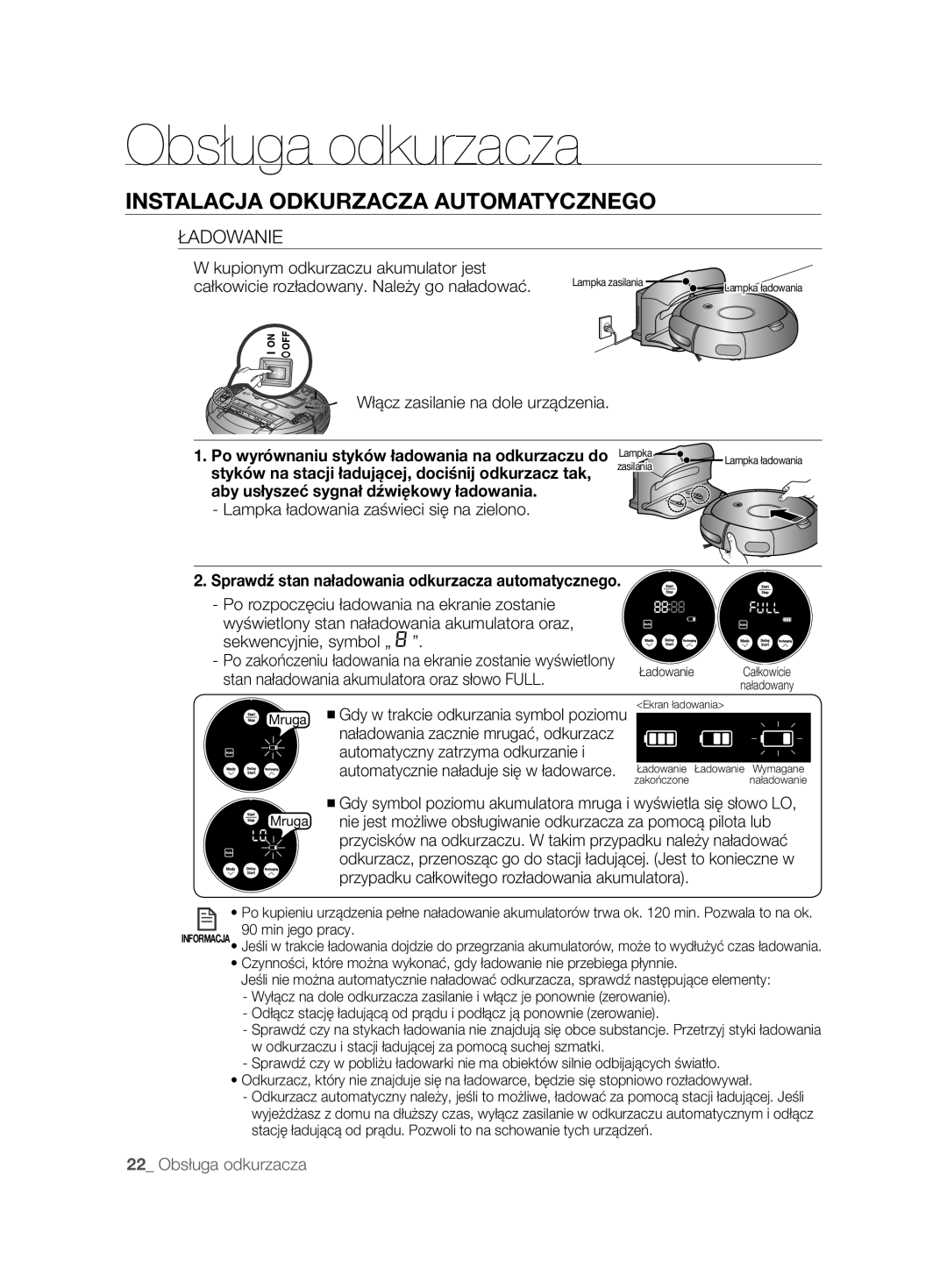 Samsung VCR8845T3A/XEF manual Ładowanie, Włącz zasilanie na dole urządzenia, Lampka ładowania zaświeci się na zielono 