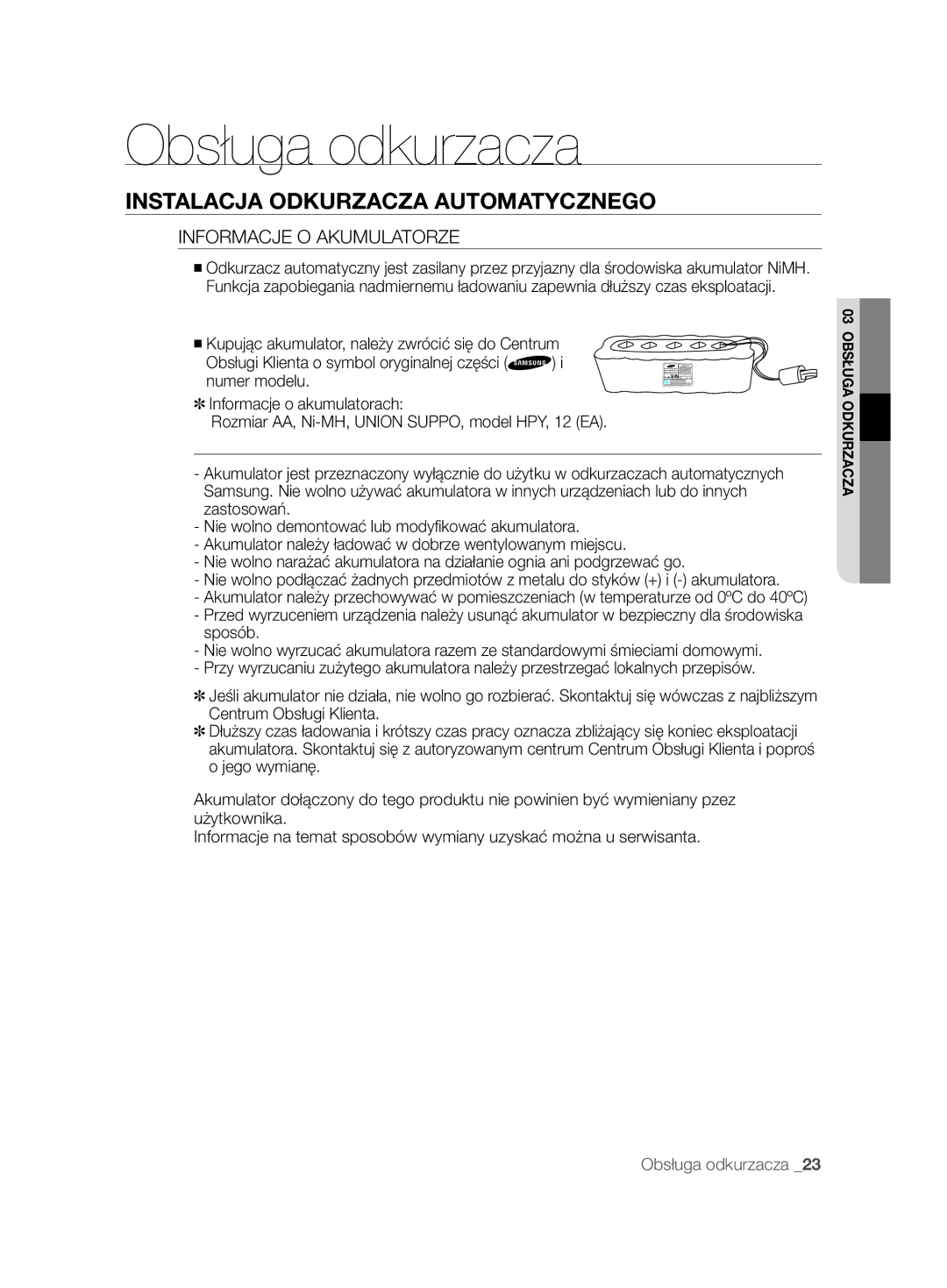 Samsung VCR8848T3K/XEO, VCR8845T3A/BOL, VCR8845T3A/XET, VCR8848T3K/XEG, VCR8845T3A/XTR manual Informacje O Akumulatorze 