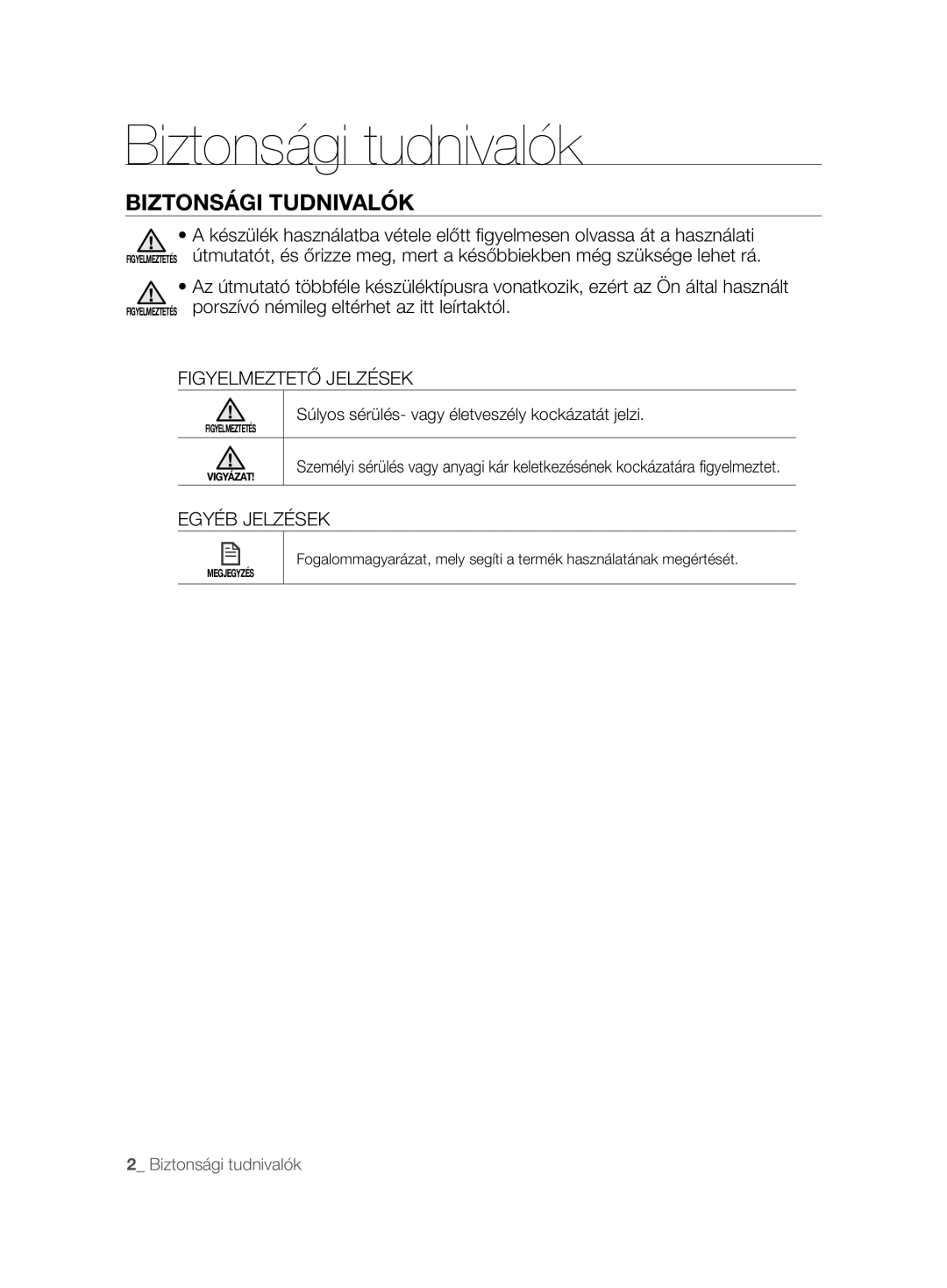 Samsung VCR8845T3A/XTR manual Biztonsági tudnivalók, Biztonsági Tudnivalók, Figyelmeztető Jelzések, Egyéb Jelzések 