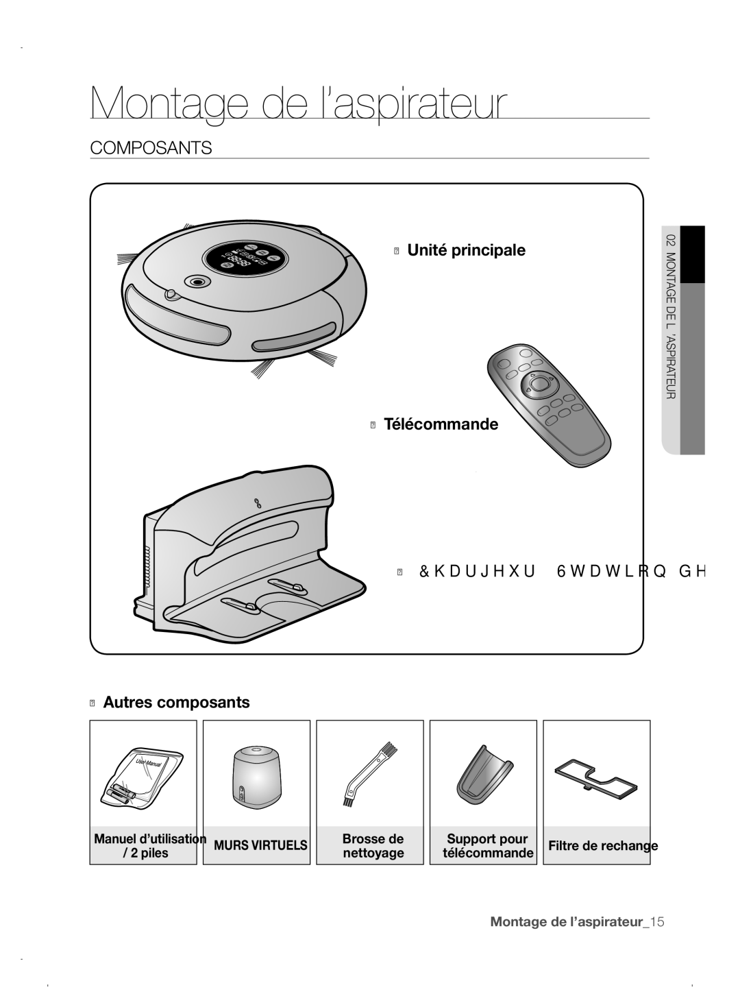 Samsung VCR8845T3A/XEO, VCR8845T3A/XET, VCR8845T3A/XEF manual Montage de l’aspirateur, Composants, Support pour Télécommande 