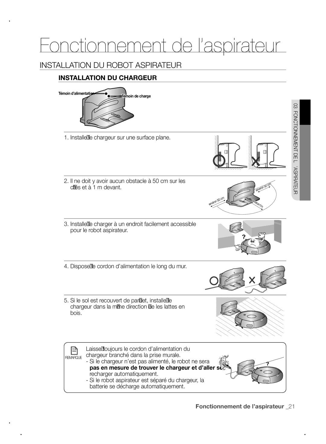 Samsung VCR8845T3A/XEO, VCR8845T3A/XET, VCR8845T3A/XEF manual Fonctionnement de l’aspirateur, Installation DU Chargeur 