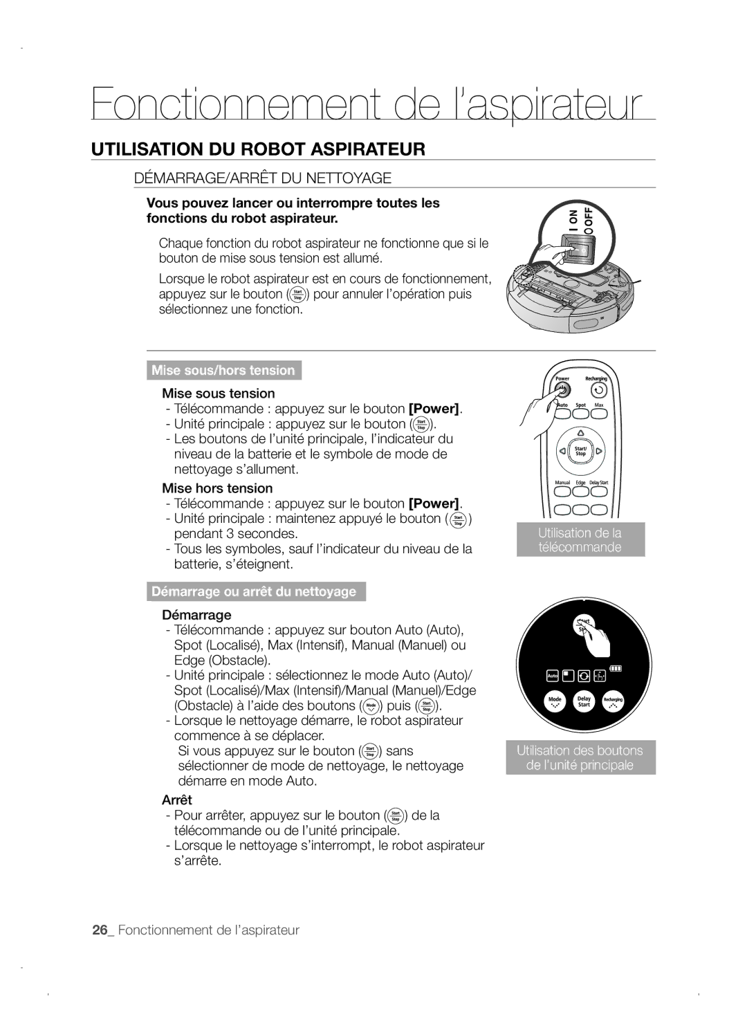 Samsung VCR8845T3A/XEF, VCR8845T3A/XET, VCR8845T3A/XEO manual Utilisation DU Robot Aspirateur, DÉMARRAGE/ARRÊT DU Nettoyage 