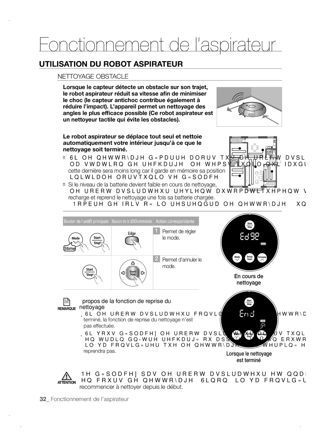 Samsung VCR8845T3A/XEF, VCR8845T3A/XET manual Nettoyage Obstacle, En cours de Nettoyage Lorsque le nettoyage Est terminé 