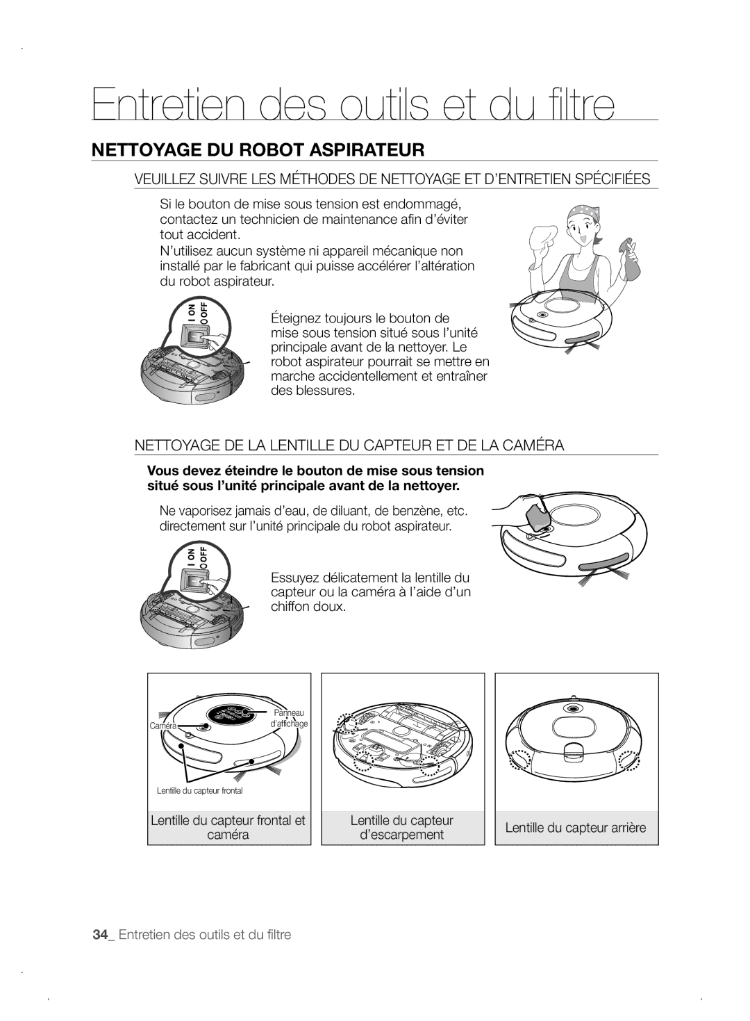 Samsung VCR8845T3A/XET, VCR8845T3A/XEF manual Entretien des outils et du filtre, Nettoyage DU Robot Aspirateur, Caméra 