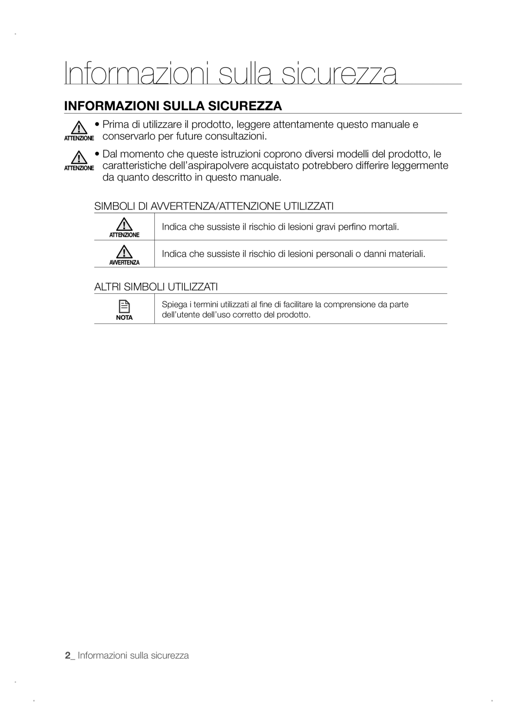 Samsung VCR8845T3A/XEO manual Informazioni sulla sicurezza, Informazioni Sulla Sicurezza, Altri Simboli Utilizzati 