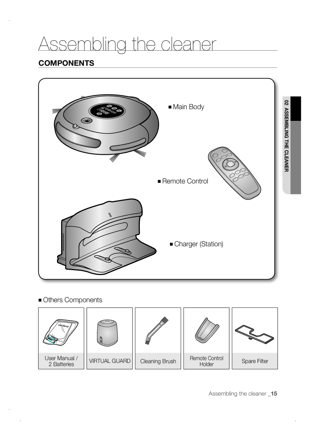 Samsung VCR8845T3A/XET, VCR8845T3A/XEF, VCR8845T3A/XEO manual Assembling the cleaner, Components, Remote Control Holder 