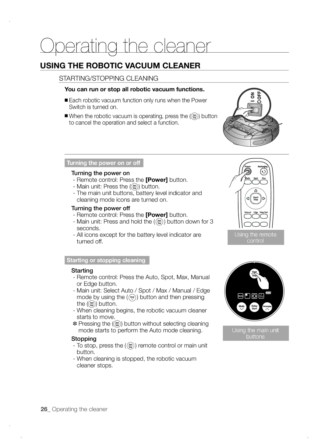 Samsung VCR8845T3A/XEO, VCR8845T3A/XET, VCR8845T3A/XEF manual Using the robotic vacuum cleaner, Starting/Stopping Cleaning 