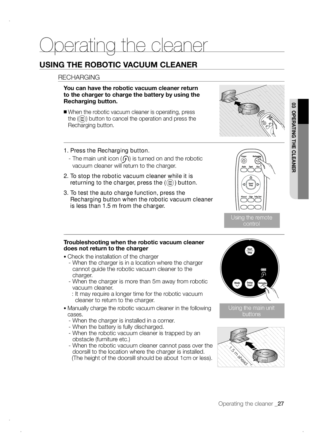 Samsung VCR8845T3A/XET, VCR8845T3A/XEF, VCR8845T3A/XEO manual Recharging, Height of the doorsill should be about 1cm or less 