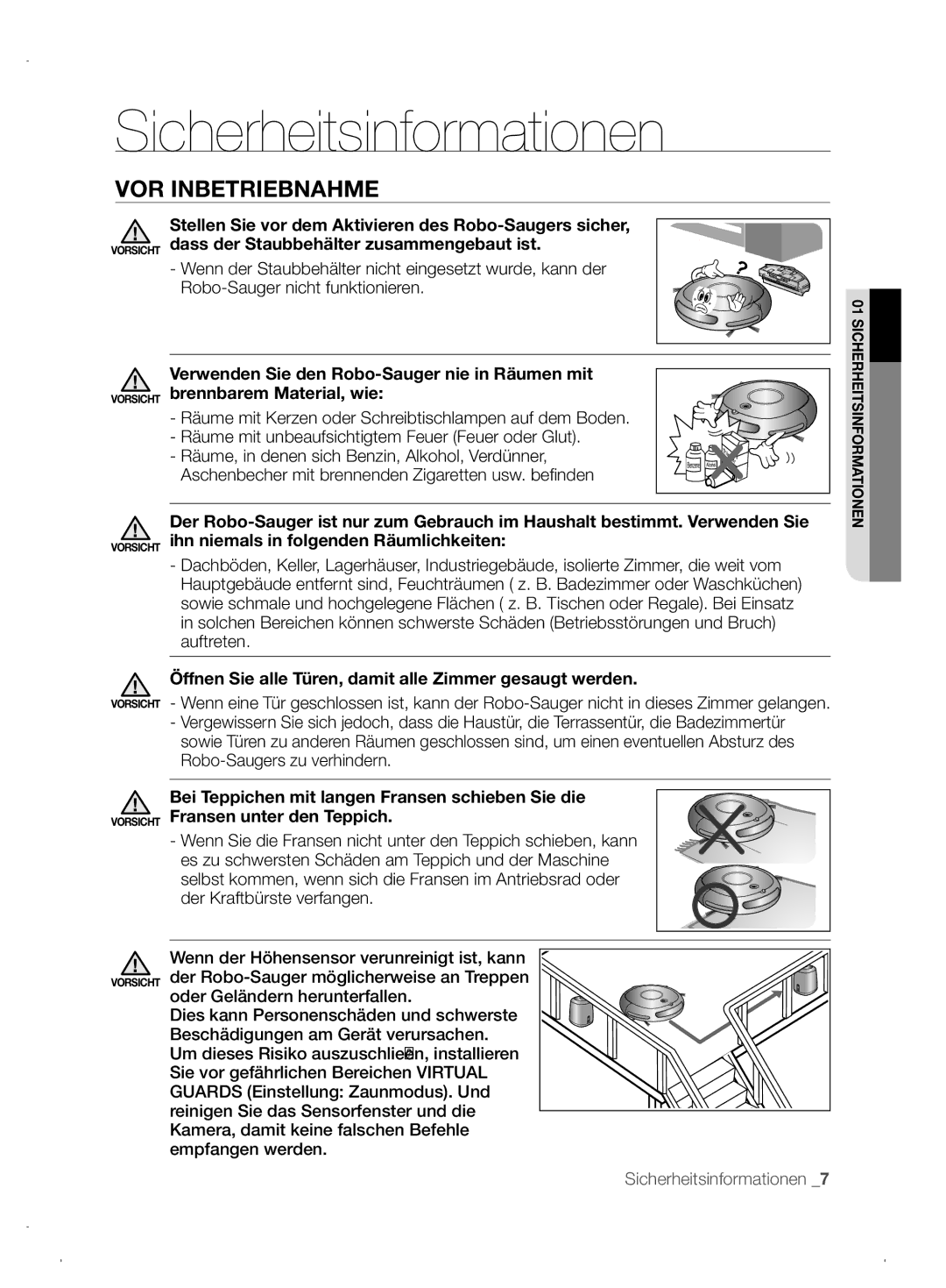 Samsung VCR8845T3A/XEO, VCR8845T3A/XET manual VOR Inbetriebnahme, Öffnen Sie alle Türen, damit alle Zimmer gesaugt werden 