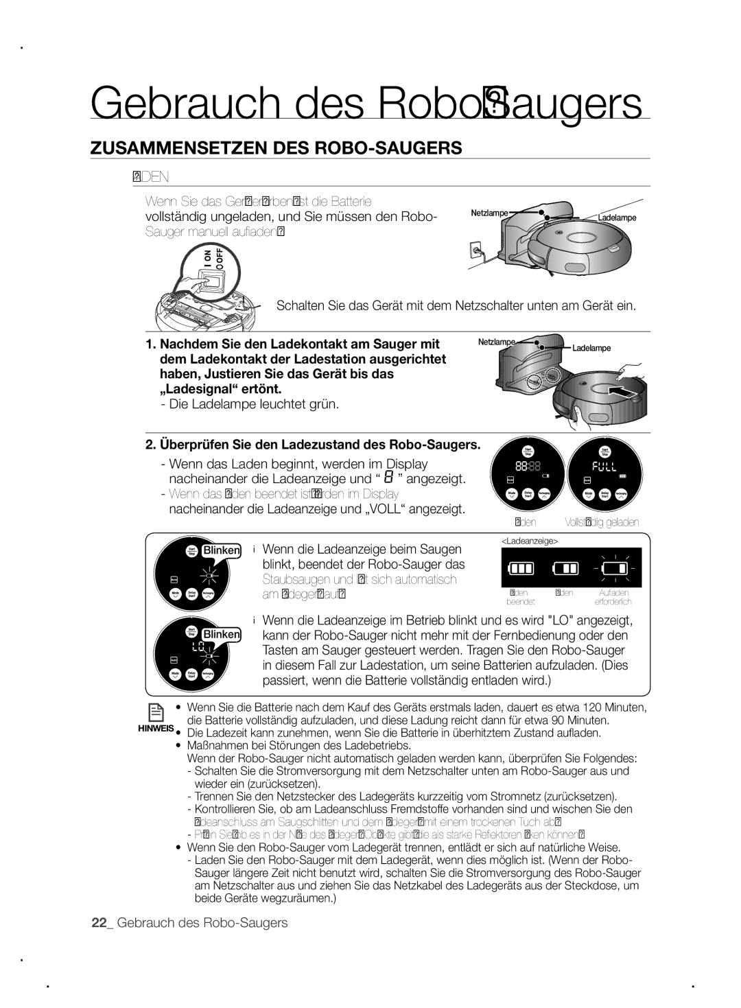 Samsung VCR8845T3A/XEO, VCR8845T3A/XET, VCR8845T3A/XEF manual Laden, Überprüfen Sie den Ladezustand des Robo-Saugers 