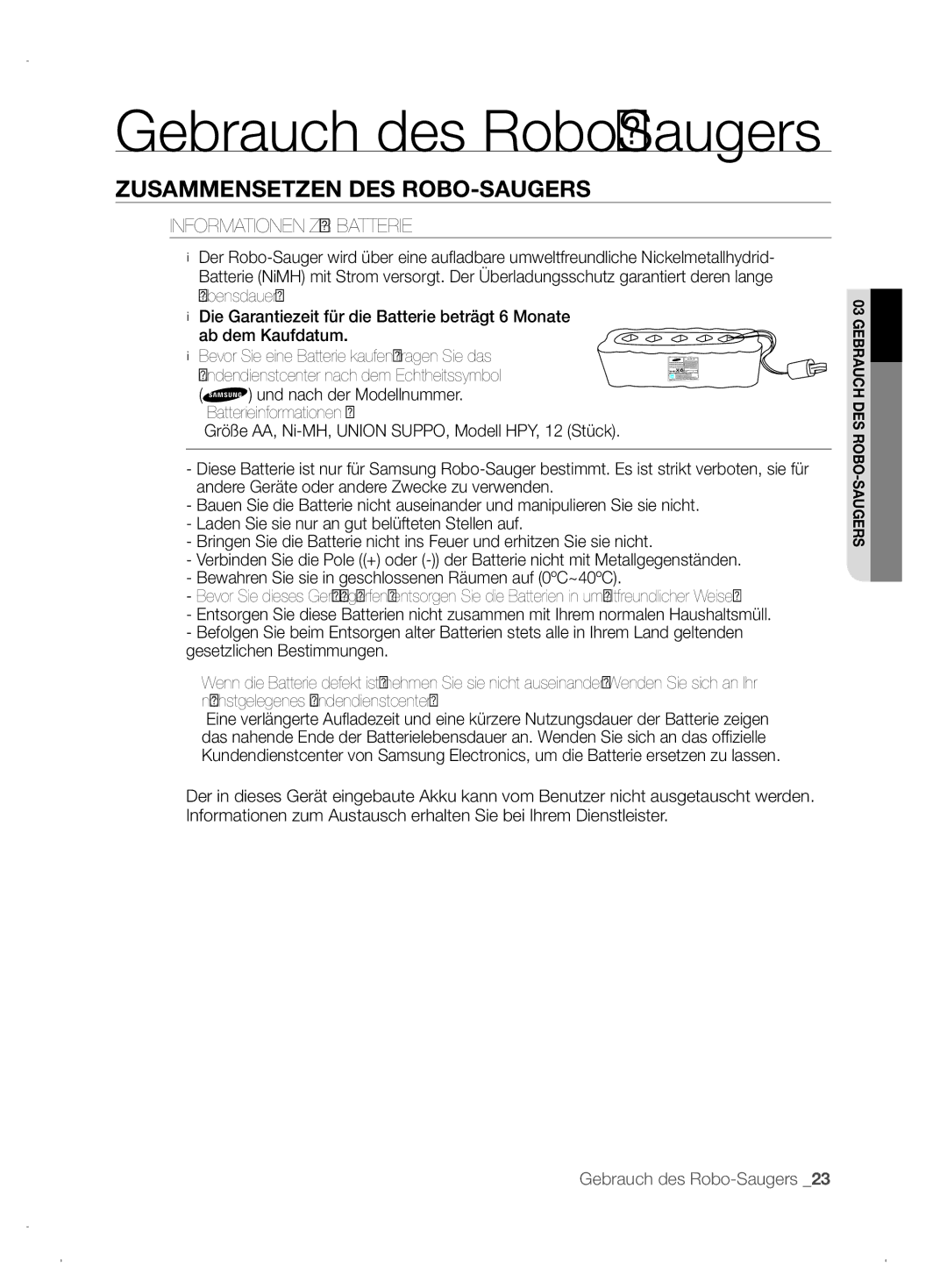 Samsung VCR8845T3A/XET, VCR8845T3A/XEF, VCR8845T3A/XEO manual Informationen ZUR Batterie 