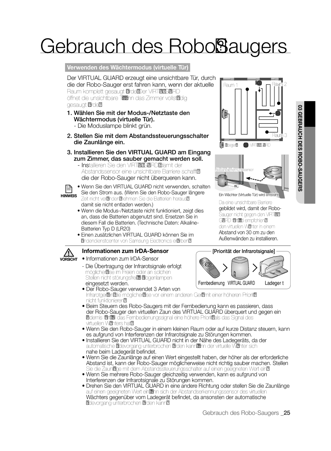 Samsung VCR8845T3A/XEO, VCR8845T3A/XET manual Verwenden des Wächtermodus virtuelle Tür, Informationen zum IrDA-Sensor 