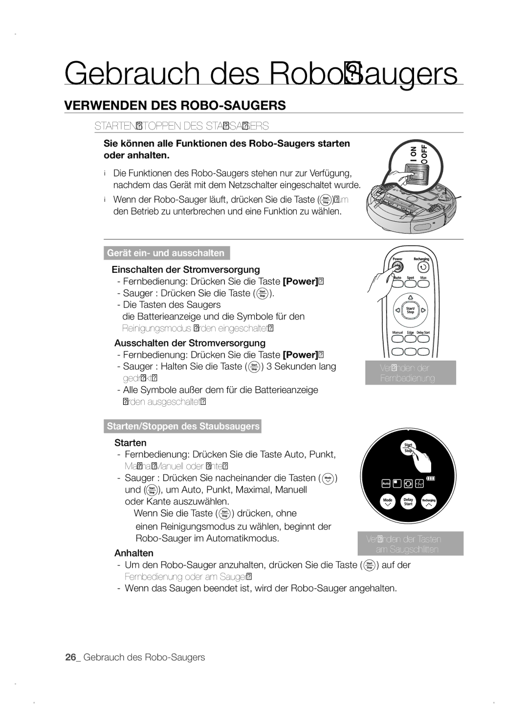 Samsung VCR8845T3A/XET, VCR8845T3A/XEF, VCR8845T3A/XEO manual Verwenden DES ROBO-SAUGERS, STARTEN/STOPPEN DES Staubsaugers 