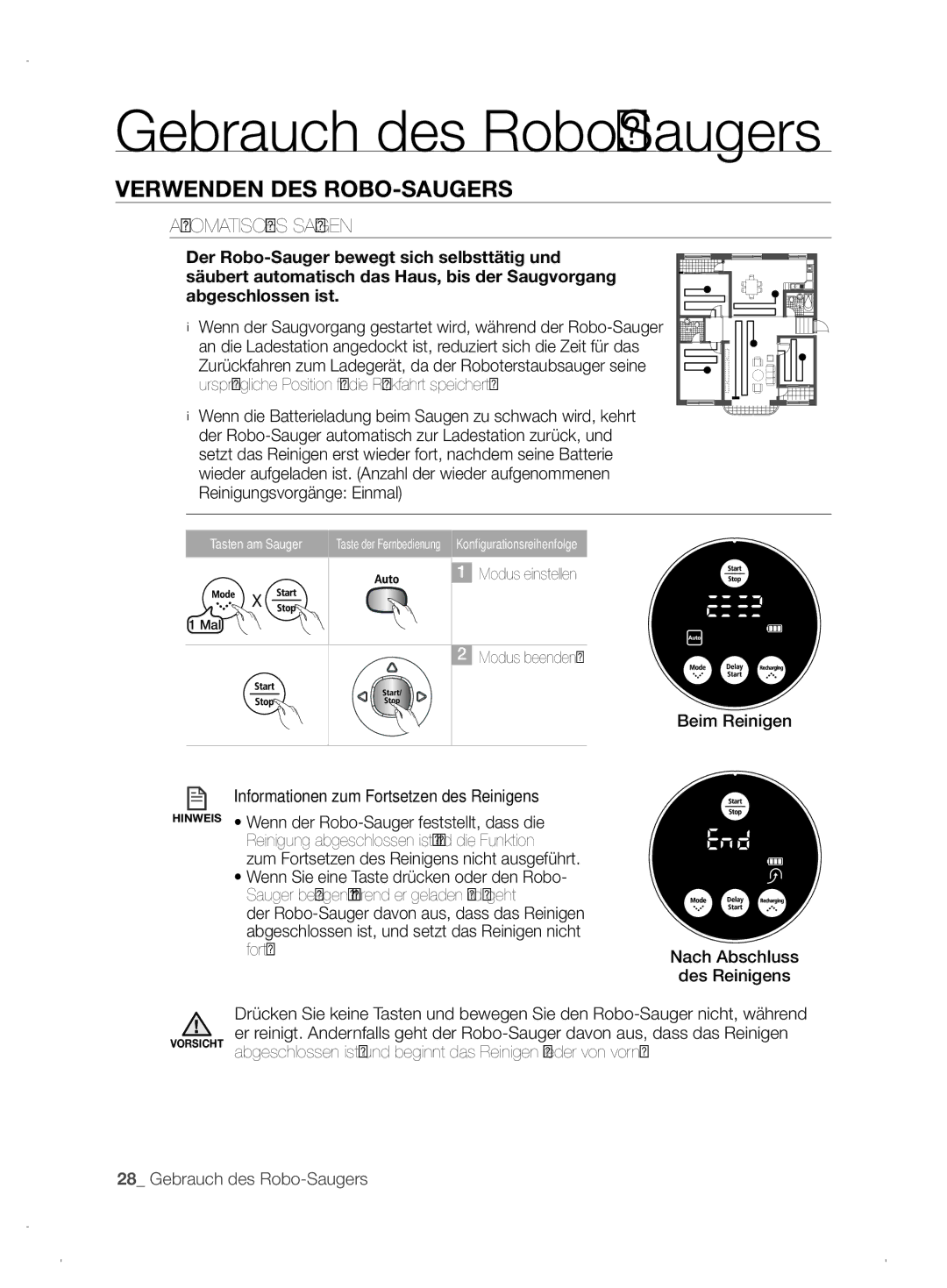 Samsung VCR8845T3A/XEO, VCR8845T3A/XET, VCR8845T3A/XEF Automatisches Saugen, Informationen zum Fortsetzen des Reinigens 