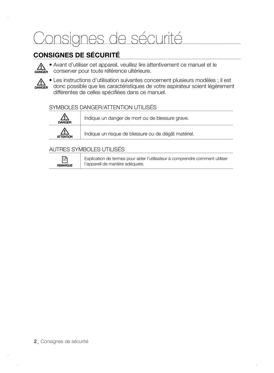 Samsung VCR8845T3A/XEF, VCR8845T3A/XET Consignes de sécurité, Consignes DE Sécurité, Symboles DANGER/ATTENTION Utilisés 