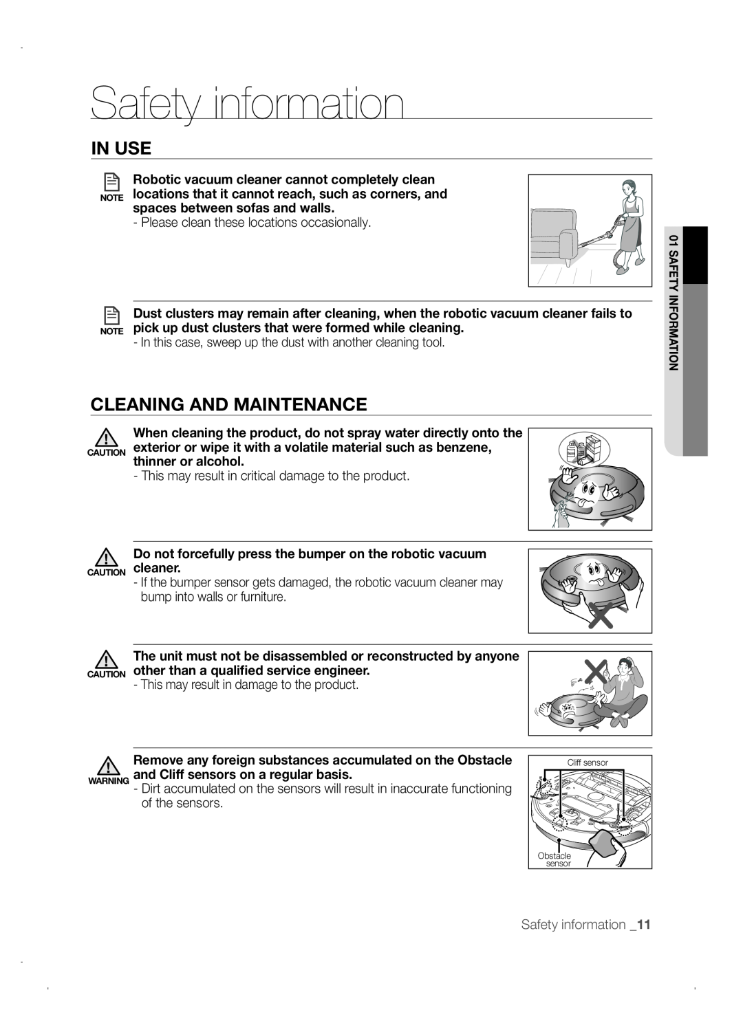 Samsung VCR8845T3A/XEO manual Cleaning and Maintenance, Safety information, In use, spaces between sofas and walls 