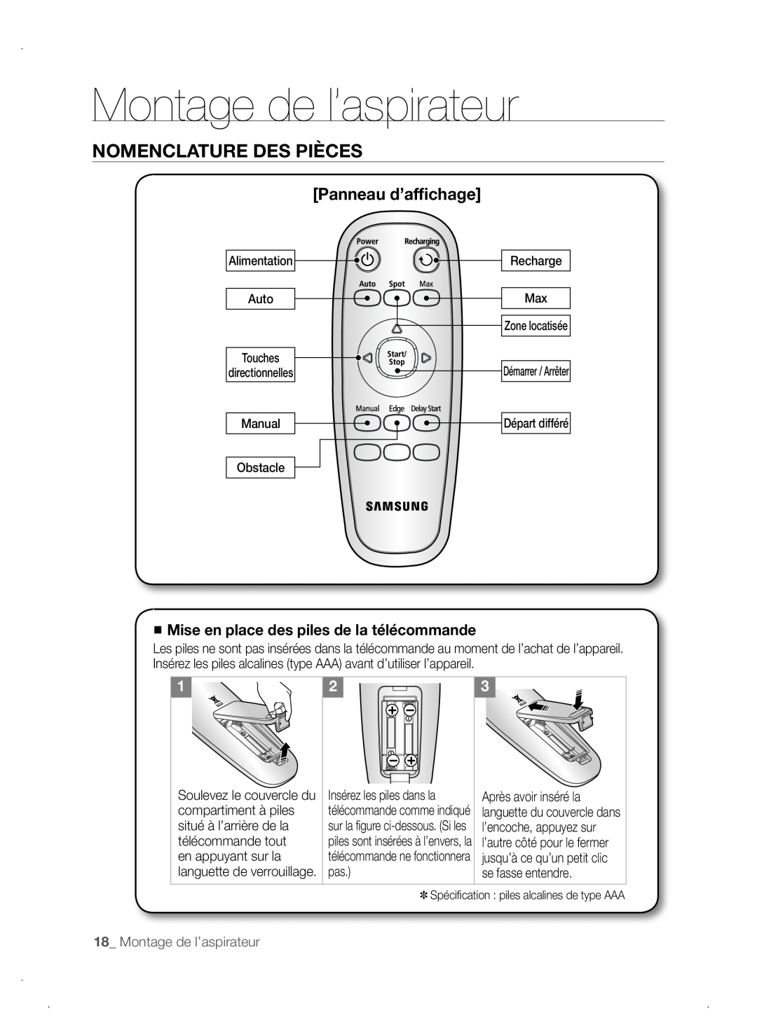 Samsung VCR8845T3A/XEO manual Panneau d’affichage, Mise en place des piles de la télécommande, Montage de l’aspirateur 