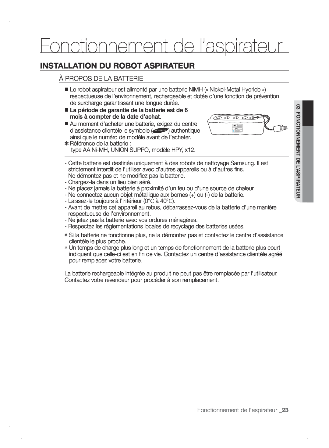 Samsung VCR8845T3A/XEF manual Fonctionnement de l’aspirateur, Installation Du Robot Aspirateur, À Propos De La Batterie 