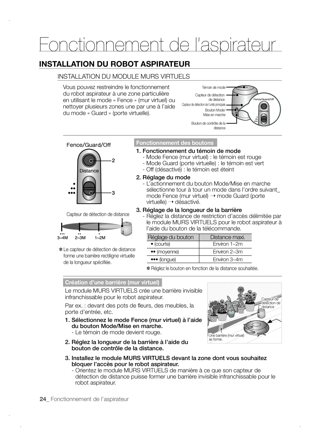 Samsung VCR8845T3A/XEO manual Fonctionnement de l’aspirateur, Installation Du Robot Aspirateur, Fonctionnement des boutons 